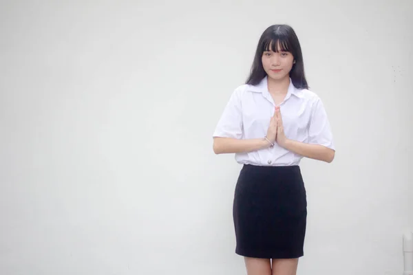 Thai Felnőtt Diák Egyetemi Egyenruha Gyönyörű Lány Thai Fizetni Tisztelet — Stock Fotó