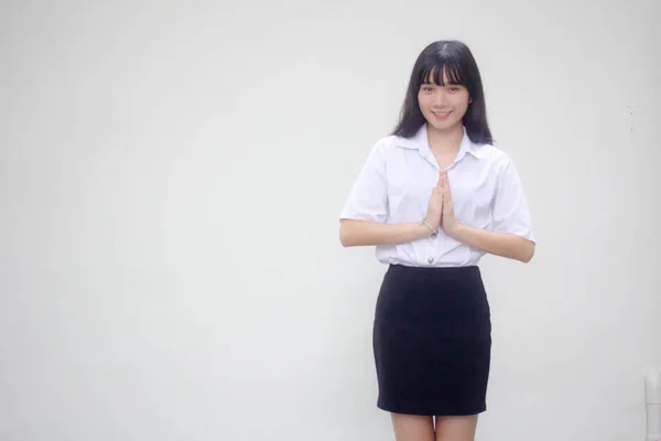 Thai Vuxen Student Universitet Uniform Vacker Flicka Thai Betala Respekt — Stockfoto