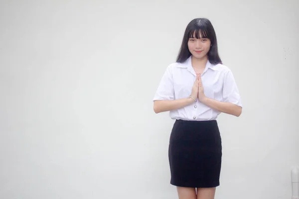 Taylandlı Yetişkin Öğrenci Üniforması Güzel Kız Saygı Göster — Stok fotoğraf