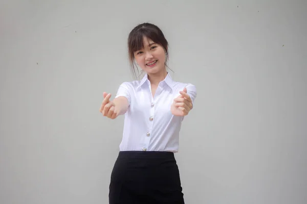 Tailandês China Adulto Linda Menina Branco Camisa Azul Jeans Dar — Fotografia de Stock
