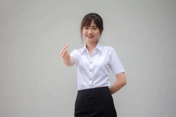 Thai China Volwassen Mooi Meisje Wit Shirt Blauw Jeans Geven — Stockfoto