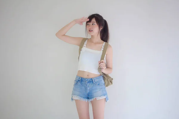 Linda Tailandesa Menina Turistas Escocês Branco Camisa Azul Jeans Procurando — Fotografia de Stock
