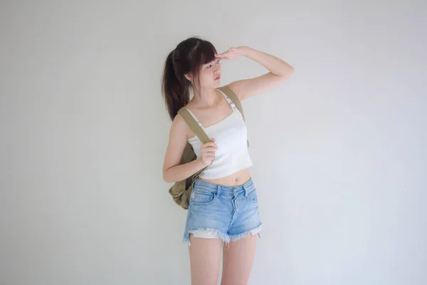 Indah Gadis Thailand Wisatawan Skotlandia Kemeja Putih Jeans Biru Mencari — Stok Foto