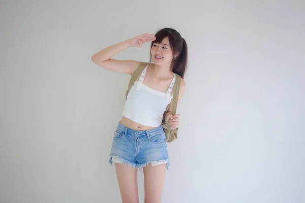 Linda Tailandesa Menina Turistas Escocês Branco Camisa Azul Jeans Procurando — Fotografia de Stock