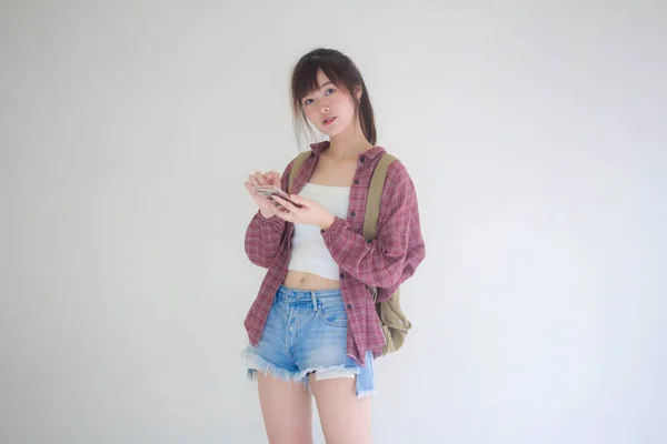 Gadis Thailand Cantik Wisatawan Skotlandia Kemeja Putih Jeans Biru Menggunakan — Stok Foto