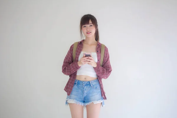 Bella Ragazza Tailandese Turisti Scozzese Camicia Bianca Jeans Blu Con — Foto Stock