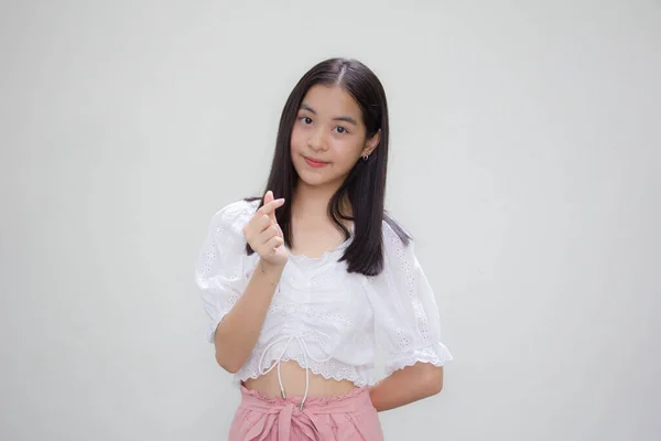 Asiatisch Thai Teen Weiß Shirt Hübsch Mädchen Geben Herz — Stockfoto