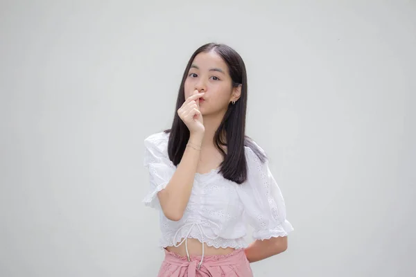 Ásia Tailandês Adolescente Branco Shirt Bela Menina Dar Coração — Fotografia de Stock