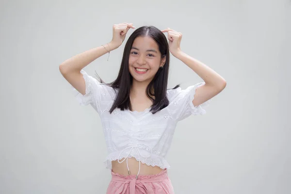 Azjatyckie Tajskie Nastolatek Biały Shirt Piękne Dziewczyna Dać Serce — Zdjęcie stockowe