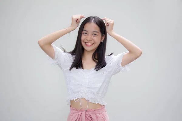 Ásia Tailandês Adolescente Branco Shirt Bela Menina Dar Coração — Fotografia de Stock