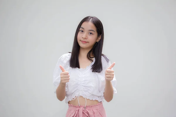 Asiático Tailandés Adolescente Blanco Camiseta Hermosa Chica Excelente —  Fotos de Stock