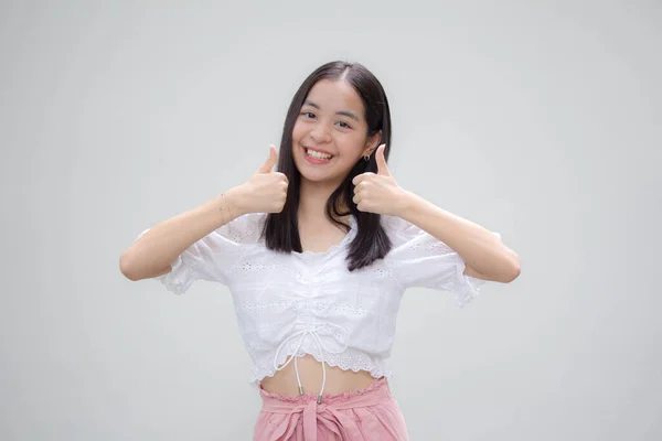 Asiático Tailandés Adolescente Blanco Camiseta Hermosa Chica Excelente — Foto de Stock
