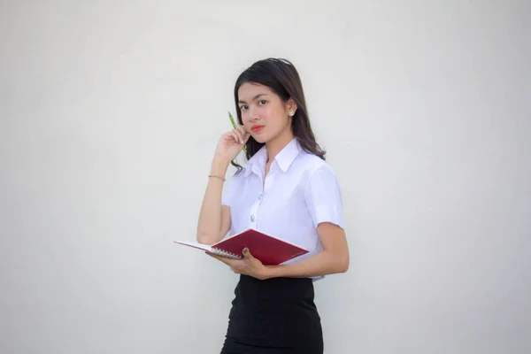 Tailandês Adulto Estudante Universidade Uniforme Bela Menina Pensar — Fotografia de Stock