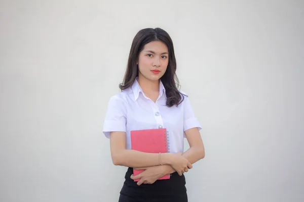 Tailandês Adulto Estudante Universidade Uniforme Bela Menina Relaxar Sorrir — Fotografia de Stock