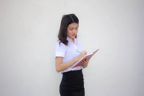 Tailandés Adulto Estudiante Universidad Uniforme Hermosa Chica Escribir Libro — Foto de Stock