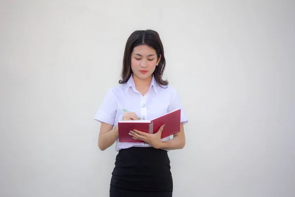 Thai Adult Student University Uniform Beautiful Girl Write Book — Stock Photo, Image