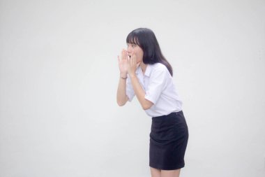 Taylandlı yetişkin üniversite üniforması. Güzel kız konuşması.