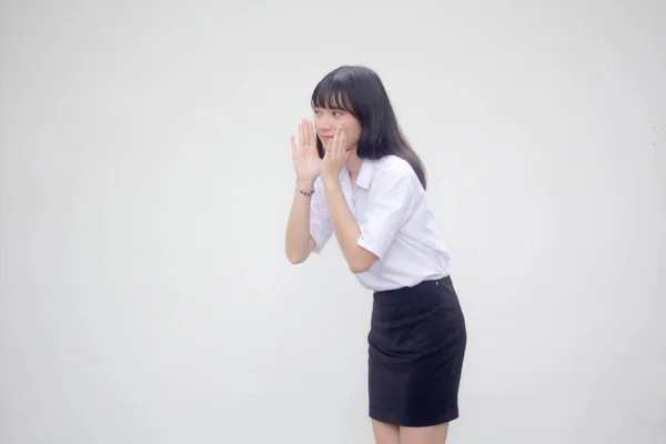 Taylandlı Yetişkin Üniversite Üniforması Güzel Kız Konuşması — Stok fotoğraf