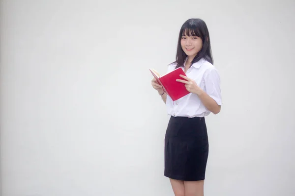 Thai Volwassen Student Universiteit Uniform Mooi Meisje Lees Rood Boek — Stockfoto