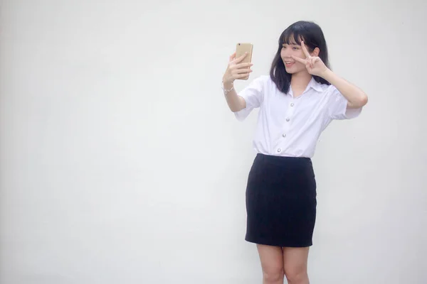 Thai Adulte Étudiant Université Uniforme Belle Fille Aide Son Téléphone — Photo