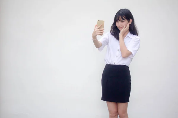 Thajská Dospělá Studentská Univerzita Uniforma Krásná Dívka Pomocí Svého Chytrého — Stock fotografie