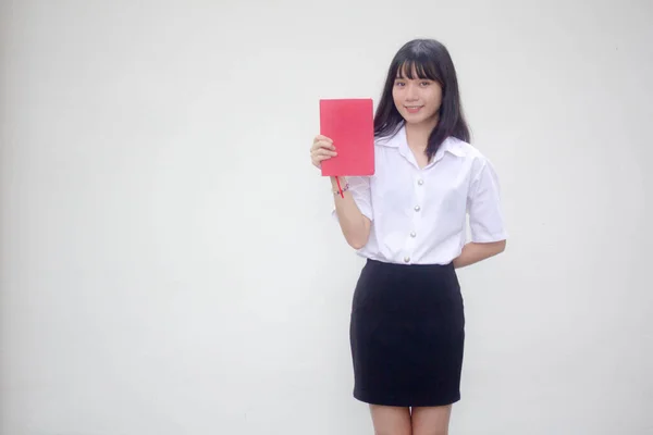 Thai Adulte Étudiant Université Uniforme Belle Fille Montrer Rouge Livre — Photo