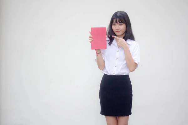 Tailandês Adulto Estudante Universidade Uniforme Bela Menina Mostrar Vermelho Livro — Fotografia de Stock