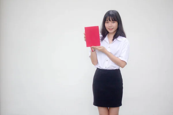 Tailandês Adulto Estudante Universidade Uniforme Bela Menina Mostrar Vermelho Livro — Fotografia de Stock