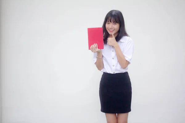 Тайский Взрослый Студенческий Университет Униформа Красивая Девушка Показать Красную Книгу — стоковое фото