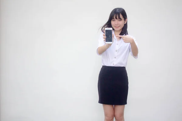 Thajská Dospělá Studentská Univerzita Uniforma Krásná Dívka Ukázat Její Chytrý — Stock fotografie