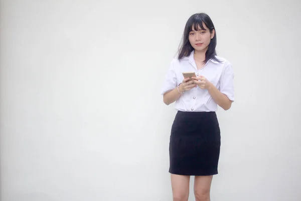 Thai Adult Student University Uniform Beautiful Girl Using Her Smart — Stock Photo, Image