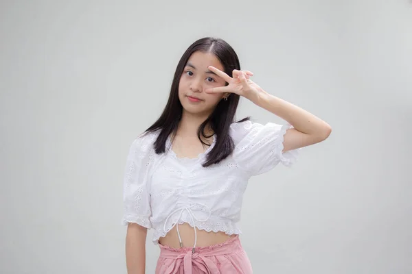 Ásia Tailandês Adolescente Branco Shirt Bela Menina Vitória — Fotografia de Stock