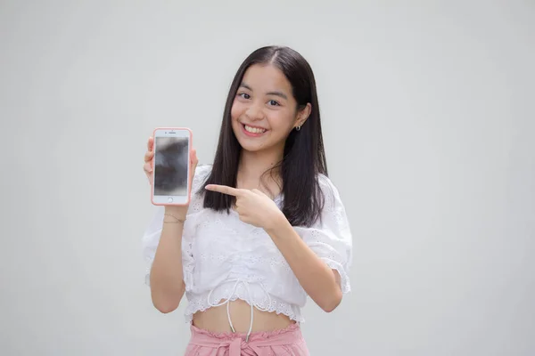 Azjatyckie Tajski Japoński Nastolatek Biały Shirt Piękny Dziewczyna Pokaż Jej — Zdjęcie stockowe