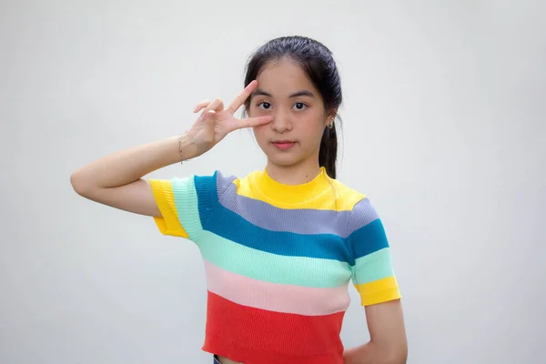Asiatisch Thai Teen Farbe Shirt Hübsch Mädchen Sieg — Stockfoto