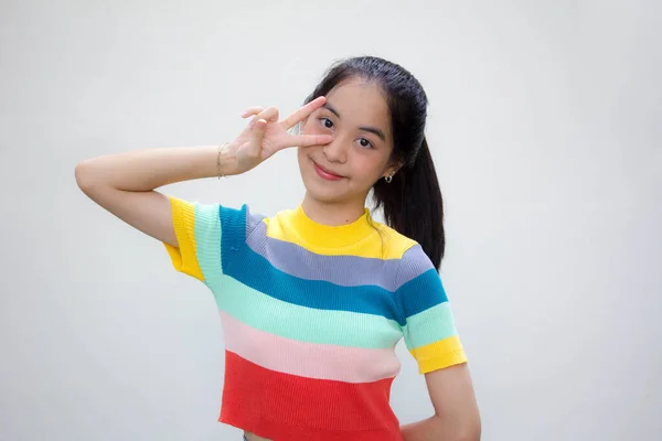 Asiatisch Thai Teen Farbe Shirt Hübsch Mädchen Sieg — Stockfoto