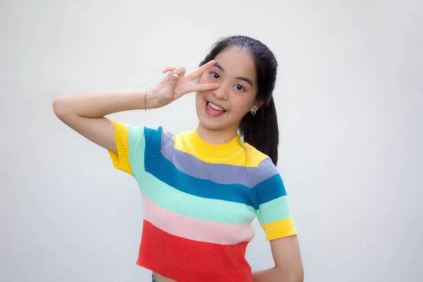 Asiatisch Thai Teen Farbe Shirt Hübsch Mädchen Sieg — Stockfoto