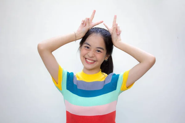 Asia Thai Teen Color Shirt Beautiful Girl Victory — Stock Photo, Image