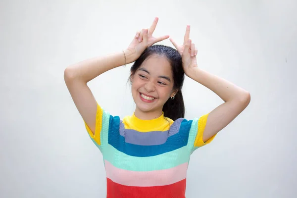 Asia Thajská Teen Barva Tričko Krásná Dívka Vítězství — Stock fotografie