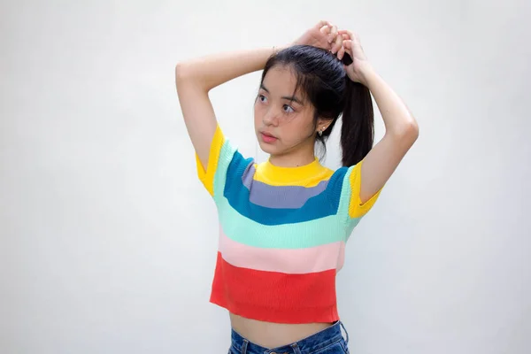 Asia Thai Tonåring Färg Shirt Vacker Flicka Leende Och Hår — Stockfoto