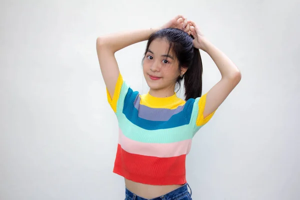 Azië Thai Tiener Kleur Shirt Mooi Meisje Glimlach Haar Das — Stockfoto