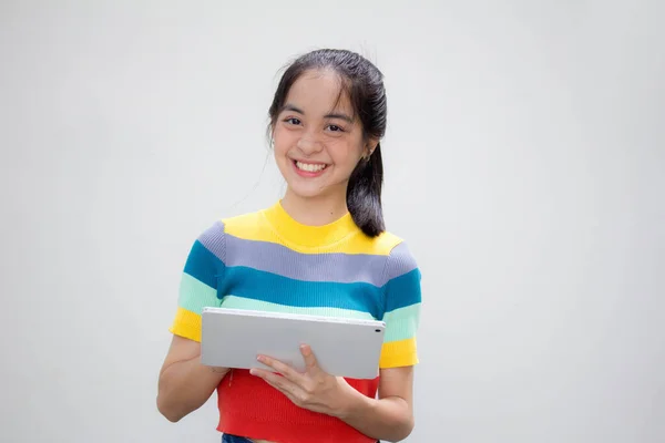 Azië Thai Tiener Kleur Shirt Mooi Meisje Met Behulp Van — Stockfoto