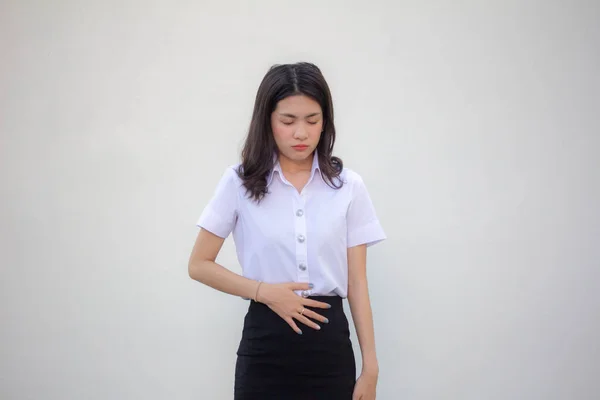 Tailandês Adulto Estudante Universidade Uniforme Bela Menina Dor Estômago — Fotografia de Stock