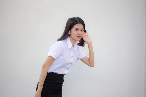 Thai Vuxen Student Universitet Uniform Vacker Flicka Lyssna — Stockfoto