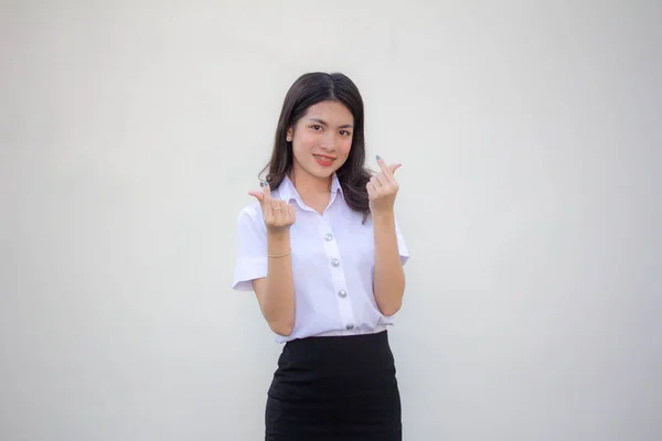 Tailandês Adulto Estudante Universidade Uniforme Bonito Dar Coração — Fotografia de Stock