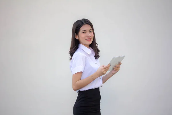 Thai Vuxen Student Universitet Uniform Vacker Flicka Med Hjälp Sin — Stockfoto