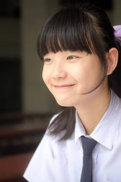 Portré Thai Junior Középiskolai Diák Egyenruha Tini Gyönyörű Lány Boldog — Stock Fotó