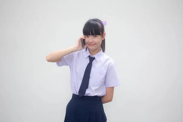 Potret Thai Smp Murid Seragam Remaja Gadis Cantik Panggilan Telepon — Stok Foto
