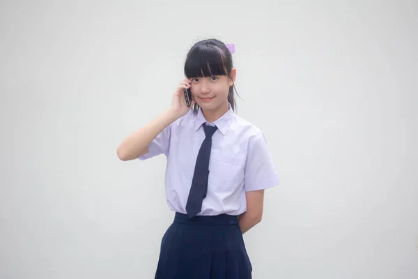 Retrato Tailandés Estudiante Secundaria Uniforme Adolescente Hermosa Chica Llamando Teléfono —  Fotos de Stock