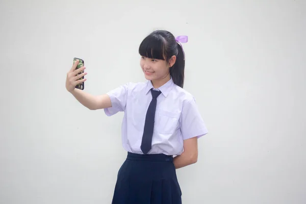 Portré Thai Junior Középiskolai Hallgatói Egyenruha Gyönyörű Lány Használja Okos — Stock Fotó