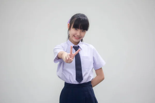 Retrato Tailandés Estudiante Secundaria Uniforme Hermosa Niña Victoria —  Fotos de Stock